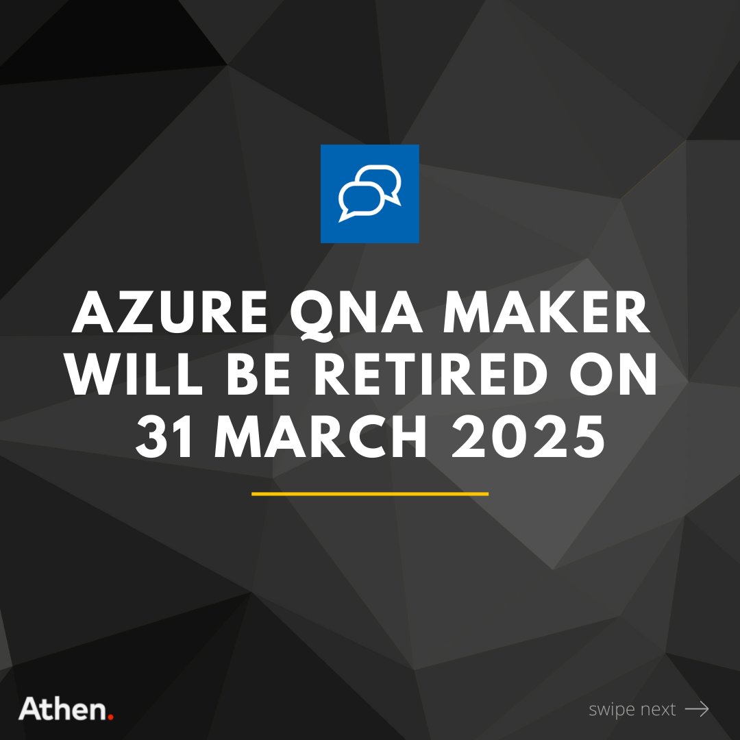 WeAreAthen's tweet photo. Azure QnA maker is getting retired. Check what is replacing it and what needs to be done if you are already using one.

#azure #msteams #cognitiveservices #qnamaker #qna #bot #athen #athentechbits #techbits https://t.co/dc2qaSiTCO