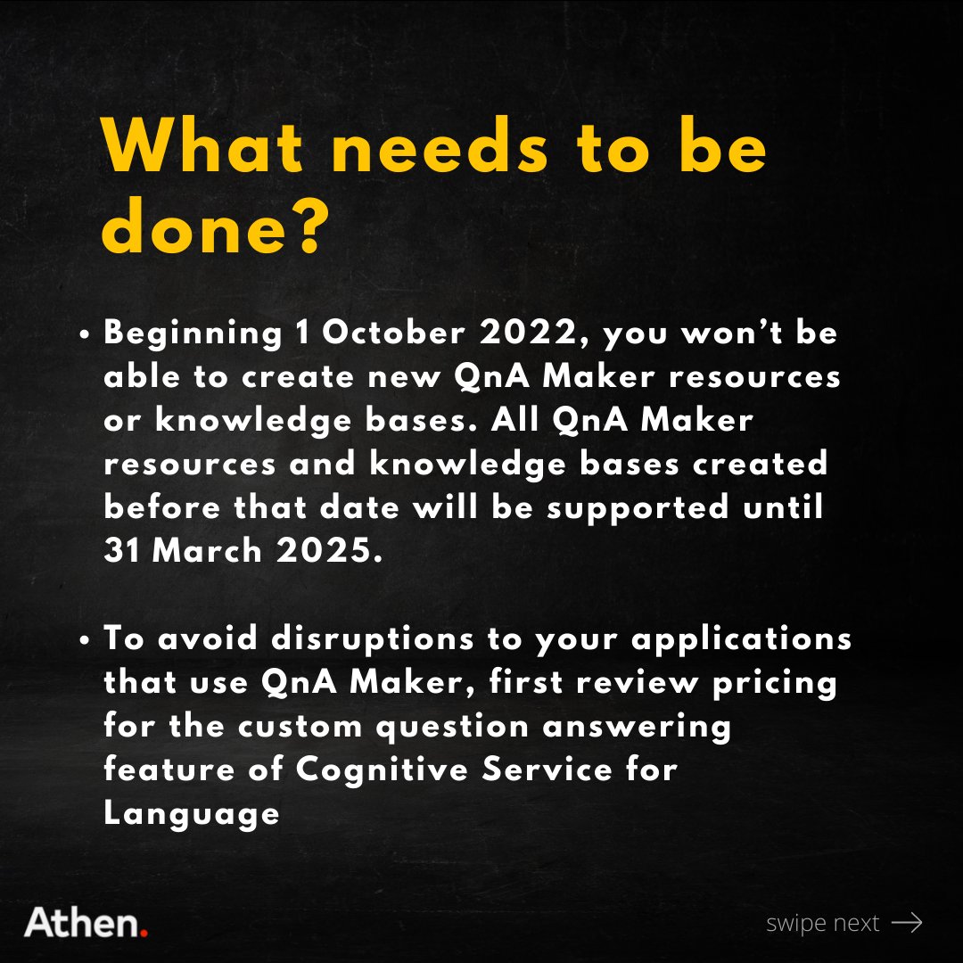 WeAreAthen's tweet photo. Azure QnA maker is getting retired. Check what is replacing it and what needs to be done if you are already using one.

#azure #msteams #cognitiveservices #qnamaker #qna #bot #athen #athentechbits #techbits https://t.co/dc2qaSiTCO