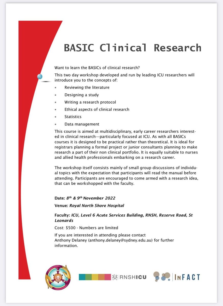 Join us in Sydney for the BASIC Research Course. 8th and 9th of November 2022. Register interest here: cicm.eventsair.com/basic-clinical… #RNSH