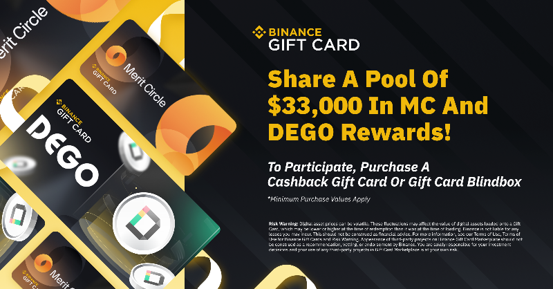 binance's tweet photo. Celebrate the launch of #Binance Gift Card Marketplace: Share up to $33,000 in $MC &amp; $DEGO Rewards!