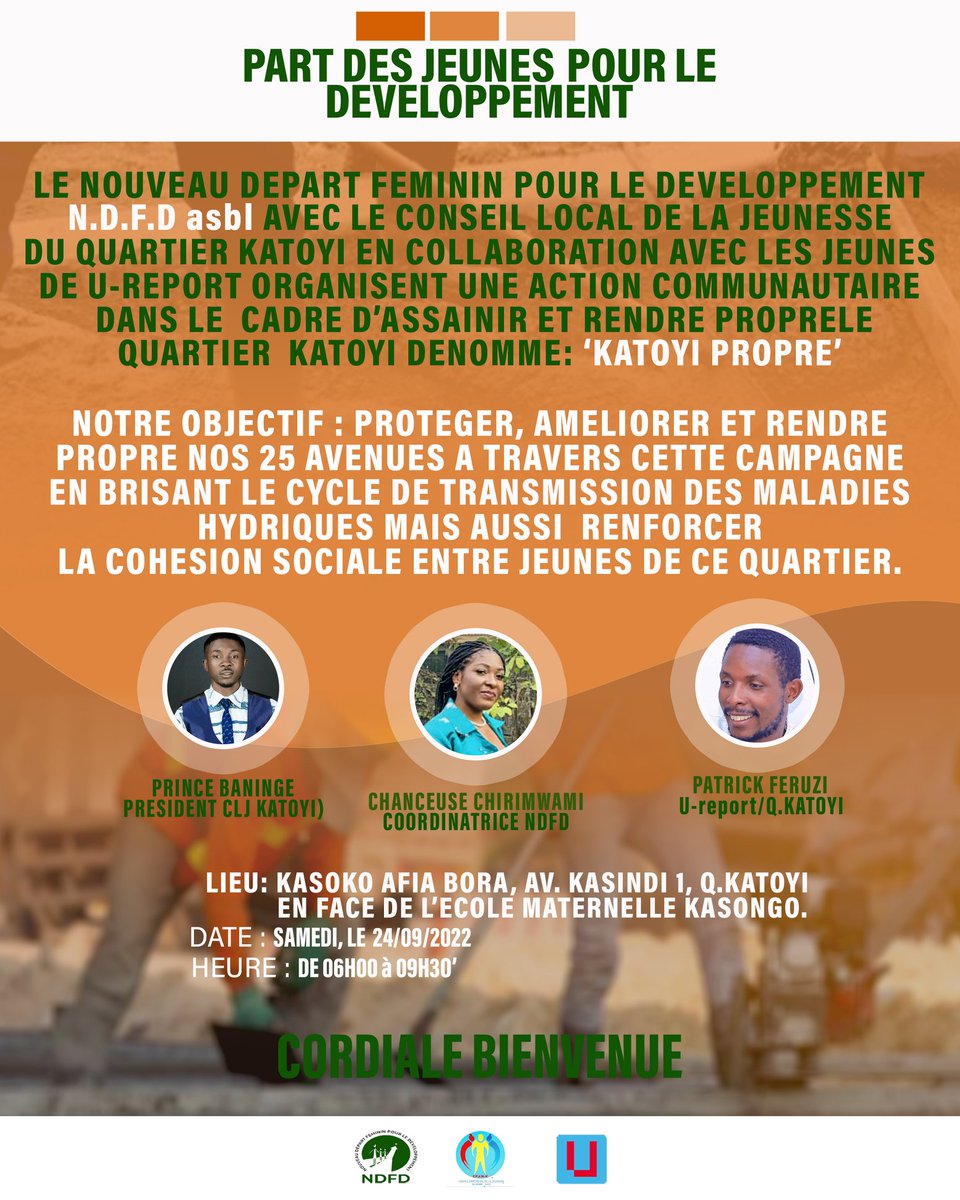 AssociationNdfd's tweet photo. A #RDC # Le Nouveau départ féminin pour le développement Ndfd asbl,organiser pour ce samedi 24/09/2022 une action communautaire d'assainissement dénommée KATOYI PROPRE en collaboration avec le conseil local de la j'eusse du Quartier katoyi et les jeunes de U-report. https://t.co/5uD3O0ShId