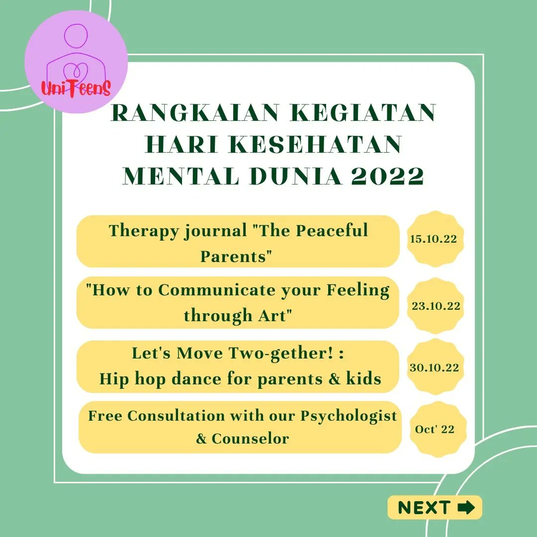 iniaku_risa's tweet photo. Dalam rangka Hari Kesehatan Mental Dunia,10 Oktober 2022, UniTeens akan menyelenggarakan serangkaian kegiatan.
Cek IG @uniteens.id yah utk keterangan detail setiap kegiatan.
#whmd2022 #harikesehatanmentaldunia2022 #kesehatanmental #parenting #remaja #psikologi #psikologiremaja https://t.co/UcMpEIHrWS
