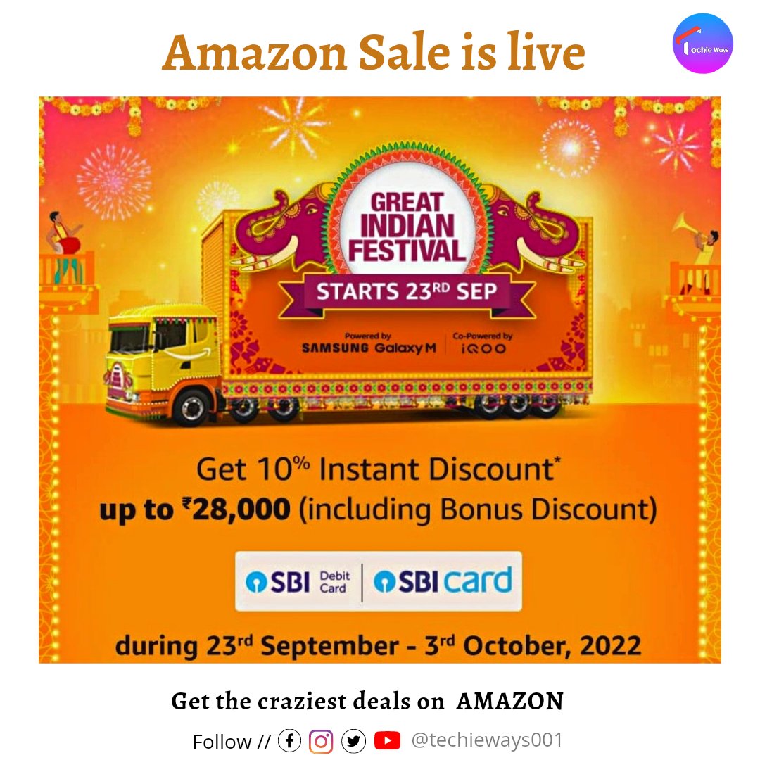 Amazon Sale is live  , Great Indian Festival
#AmazonGreatIndianFestival #AmazonIndia #techieways #realme #vivo #oppo #FlipkartBigBillionDays  <a href="/techieways001/">Techie Ways</a>