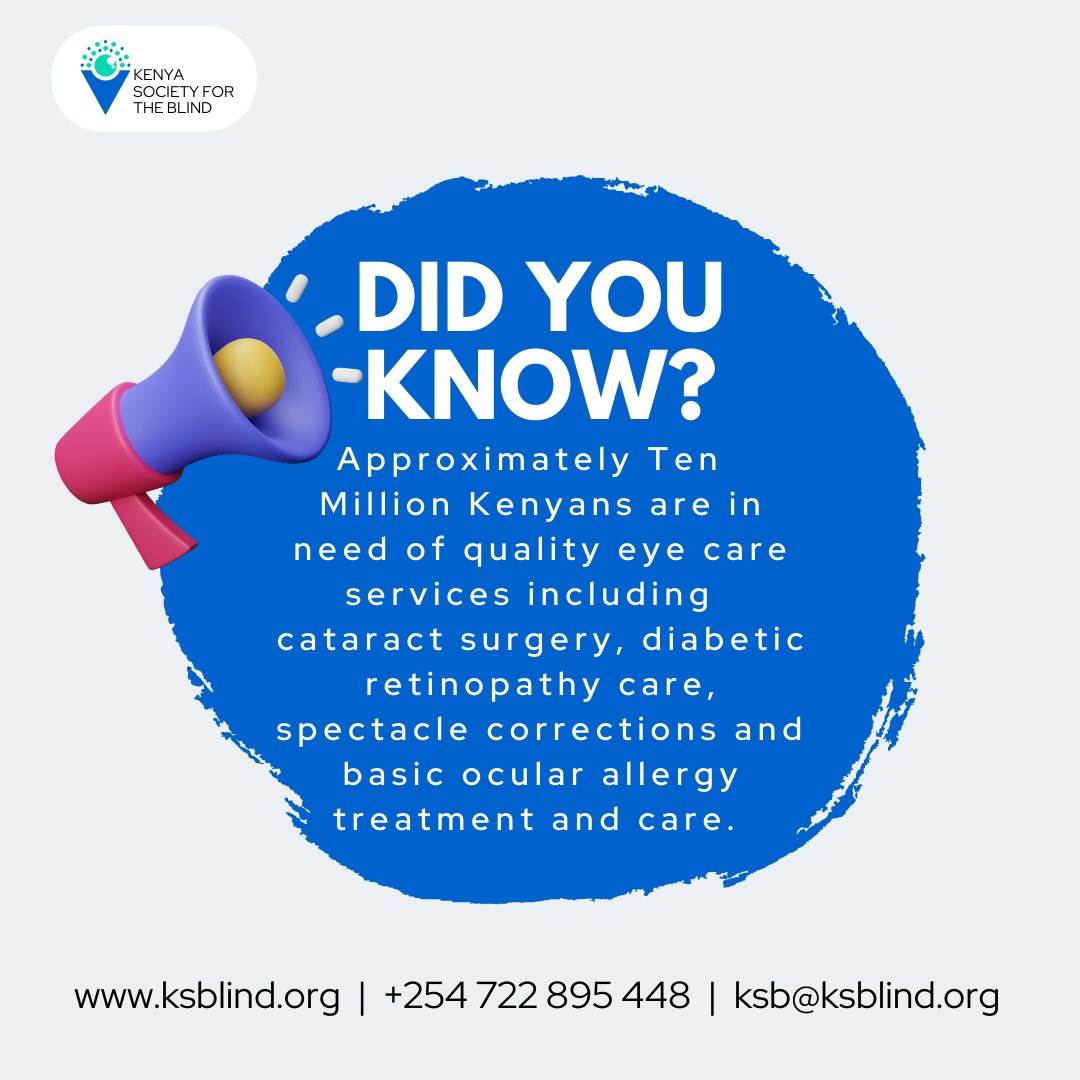 teamksblind's tweet photo. Thought you should know this...
About 10 million Kenyans are in need of high-quality eye care.
At KSB, we strive to meet the country's need for high-quality and affordable eye care services.
#KSB #KSBCARES #eyehealth #PwD #PwVI https://t.co/mPLsAVzKme