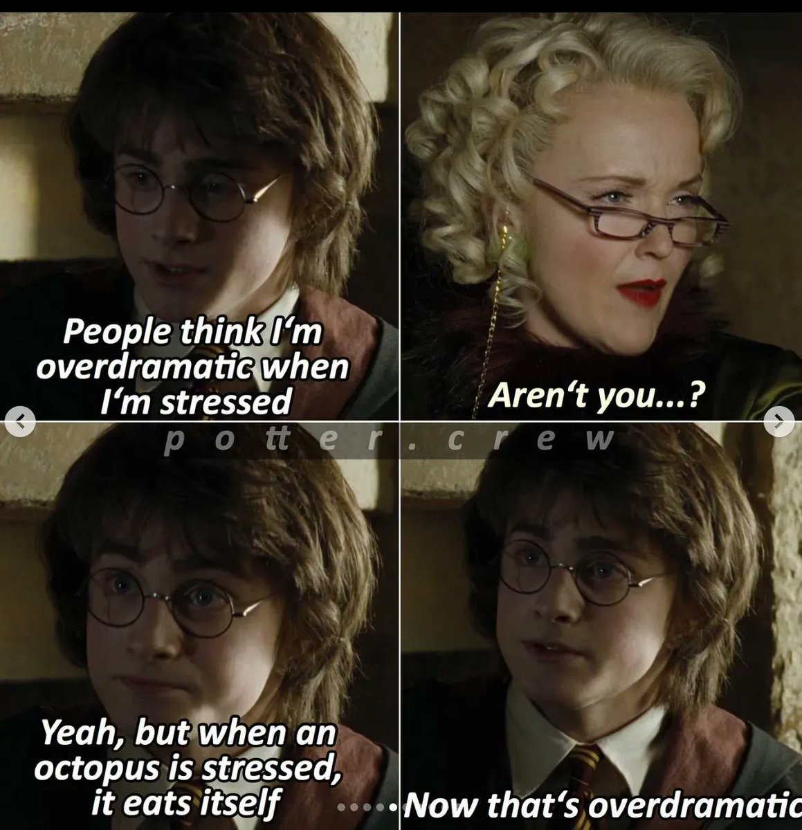 MuggleNet's tweet photo. That is true, Harry, but isn't the whole octopus comparison pretty dramatic in itself? 🐙 #Octogate #StressedHarry #RitaSkeeter #ReportingLive
Interesting meme by Potter.crew over on Instagram!
https://t.co/qAJsUGA5Le https://t.co/HPvaxrrVHk