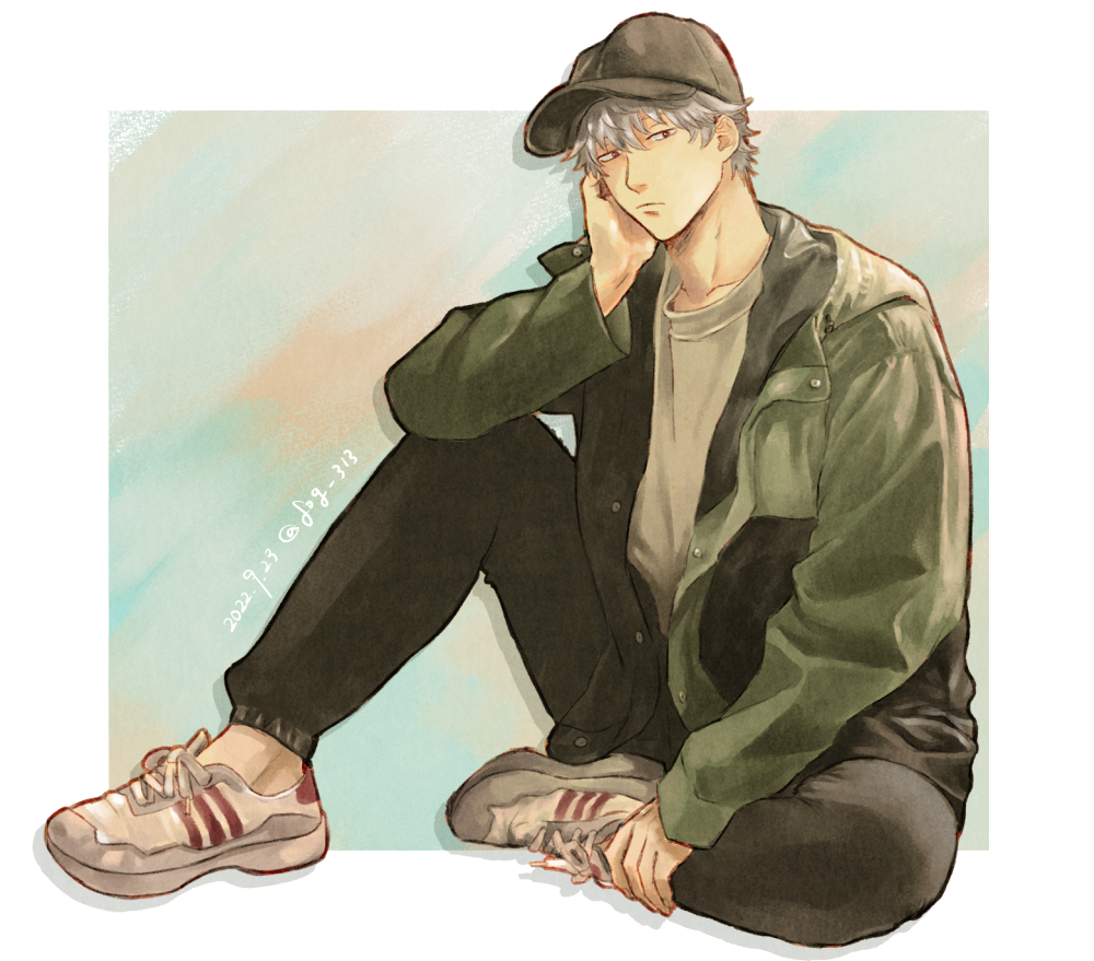 1boy male focus solo sitting jacket hat shoes  illustration images