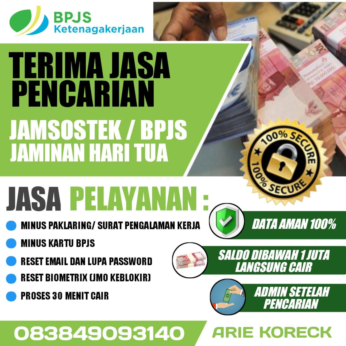 Terima Jasa Pencairan BPJS KETENAGAKERJAAN

- KARTU BPJS ❌
- PAKLARING ❌
- KTP ✅
- PROSES 10 MENIT CAIR ✅

Operasional : Senin - Jumat || Jam 08.00 - 16.00 wib

Contact Info : Arie Koreck 083849093140 (only wa)

Aldi Taher
Mulan