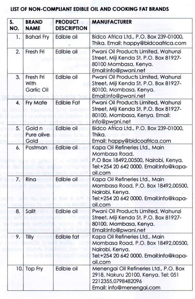 Cofek_Kenya's tweet image. #CofekRedAlert: @KEBS_ke lists several edible oils as non-compliant. Whether KEBS does PR or not, we urge consumers to immediately stop using Rina, Fresh Fri, Fry Mate, Tilly, Top Fry, Salit, Bahati Fry and others listed. Consumers are not guinea pigs on potential carcinogens