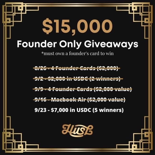 📅 Updated Schedule for Husl Live. #Nomore9to5

☑️Make sure to join the discord Friday for the Founder's Card giveaway for Founder's  Only.

👀$7500 to 5 Winners in USDC is Amazing! Get in the discord to find out more. discord.gg/huslnft

#replace9to5 #HUSL #HUSL4IMPACT