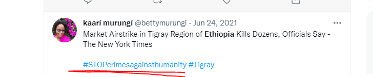EliasAmare's tweet photo. @UN_HRC This Commission on #Ethiopia is nothing but a politically-motivated witch hunt. Its report was rejected by the #Africa group at @UN_HRC, including #Eritrea. Moreover, its chair @BettyMurungi is not neutral. She has clearly pro-#TPLF sympathies as can be seen from her tweets.👇🏾 https://t.co/6hKgGnUySC