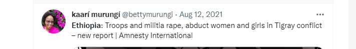 EliasAmare's tweet photo. @UN_HRC This Commission on #Ethiopia is nothing but a politically-motivated witch hunt. Its report was rejected by the #Africa group at @UN_HRC, including #Eritrea. Moreover, its chair @BettyMurungi is not neutral. She has clearly pro-#TPLF sympathies as can be seen from her tweets.👇🏾 https://t.co/6hKgGnUySC