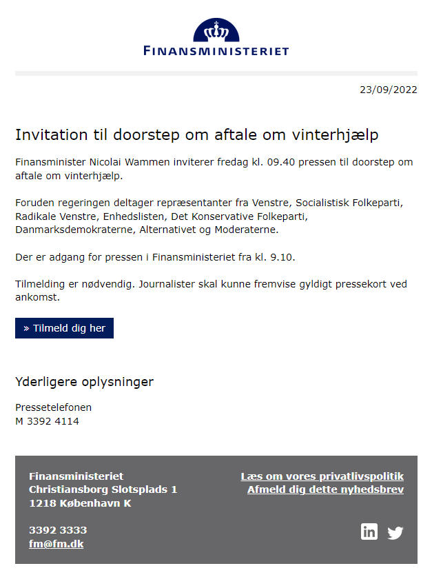 Finansmin's tweet photo. Finansminister Nicolai Wammen inviterer i dag kl. 09.40 til doorstep om aftale om vinterhjælp.

Der er adgang for pressen kl. 09.10. #dkpol 
https://t.co/F271Y1eUDj https://t.co/KyaFcMRliW