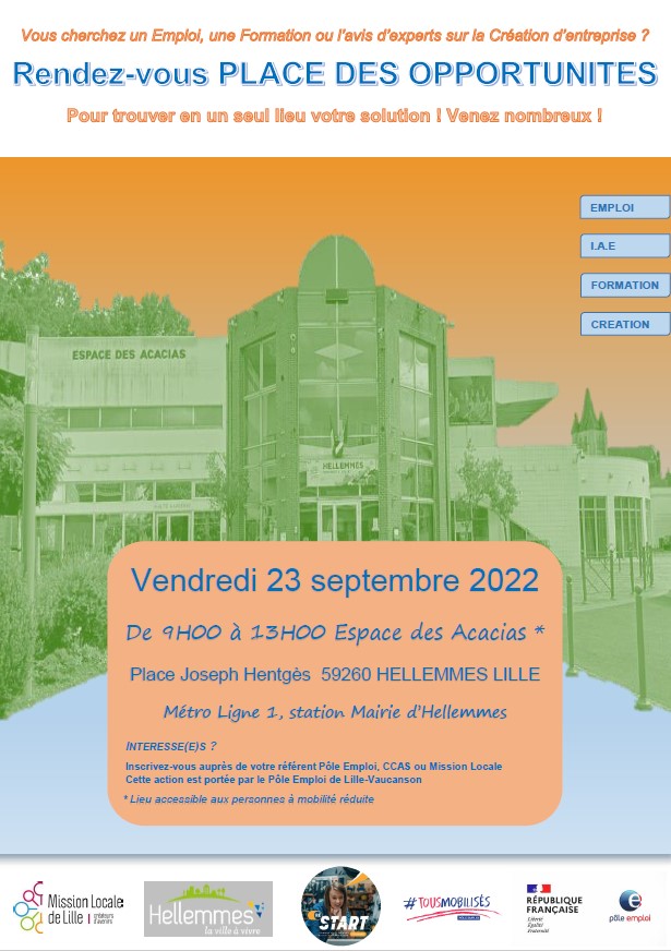 #TousMobiliséspourlemploi
Place des Opportunités, c'est la reprise d'activité sous toutes ses formes !
Venez rencontrer les 6️⃣2️⃣  employeurs, organismes de formation et experts de la création d'entreprise qui se mobilisent pour vous, aujourd'hui, Espace des Acacias à Hellemmes !