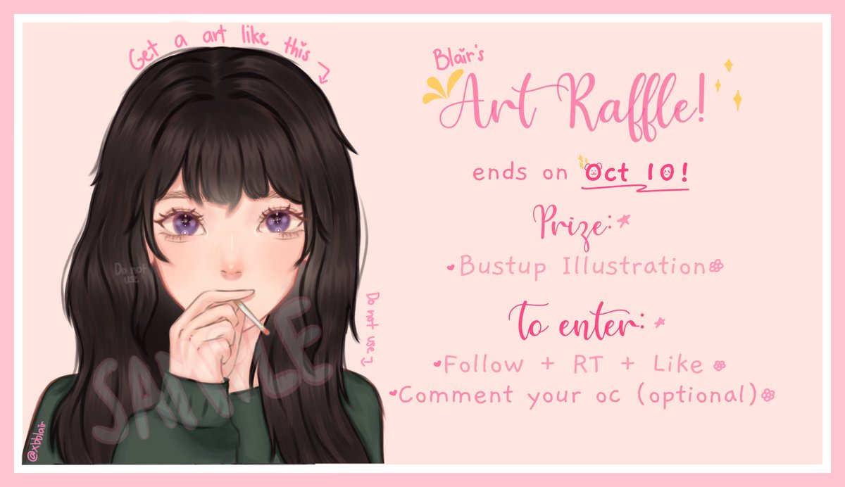 berriblairr's tweet photo. ART RAFFLE

Thank you for 300+ followers and for supporting my arts🫶🏻

Prize: Bust up Illustration (1 winner)

To enter:
- Follow + RT (no QRT) + Like
- Comment ur oc (optional)

Ends on Oct 10!
Every 50 RTs will be +1 winner!
#artraffle https://t.co/oXDuisrrmU