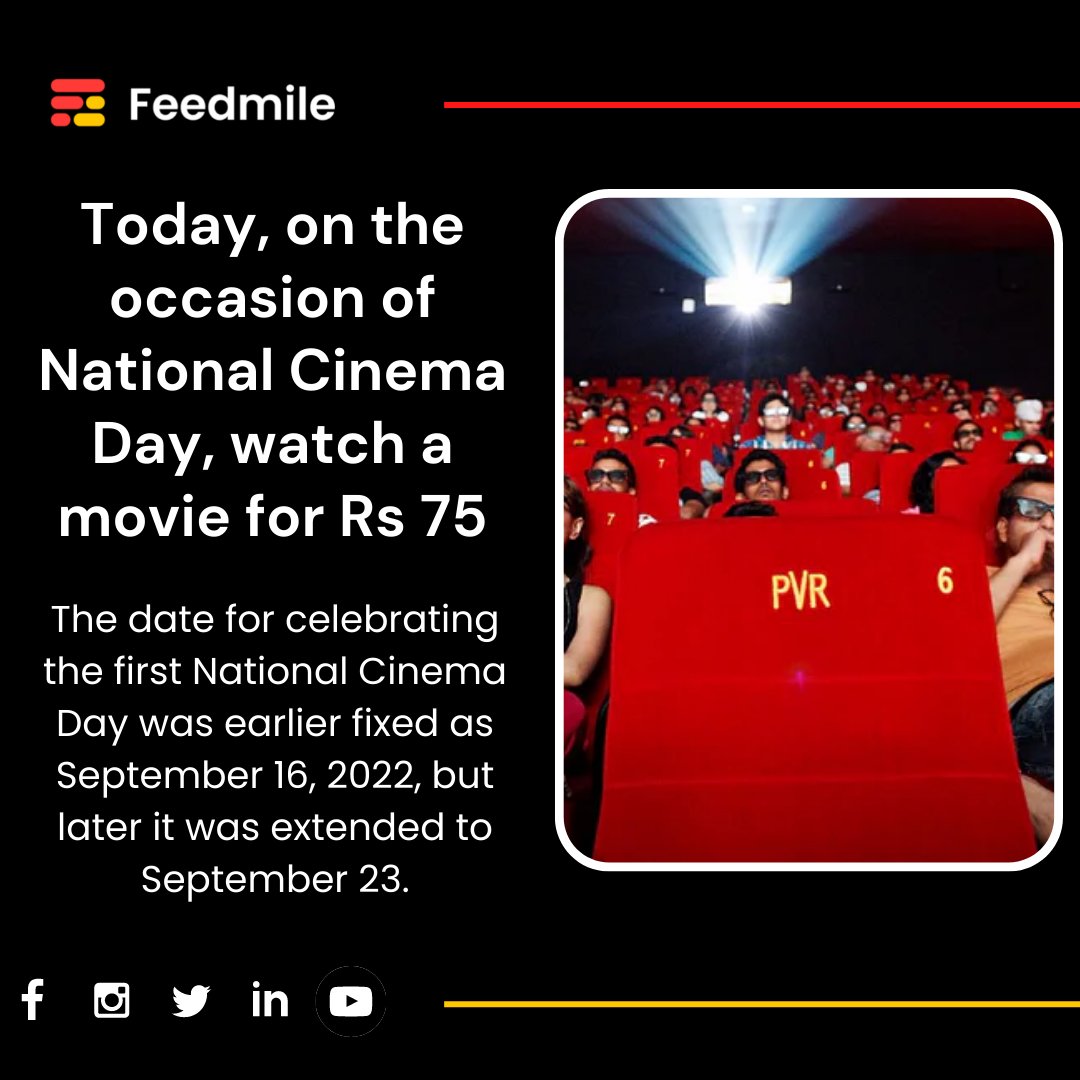 feedmileapp's tweet photo. To celebrate the spirit of cinema, September 23 will be celebrated as National Cinema Day.

#feedmile #nationalcinemaday #natiobalcinemaday2022 #bollywood #theatre #multiplex #picturehall #movie #cinema #moviereel #bollywoodmovies #movies #enteetainment #moviegoer #movielover https://t.co/wfN9Gof0H9