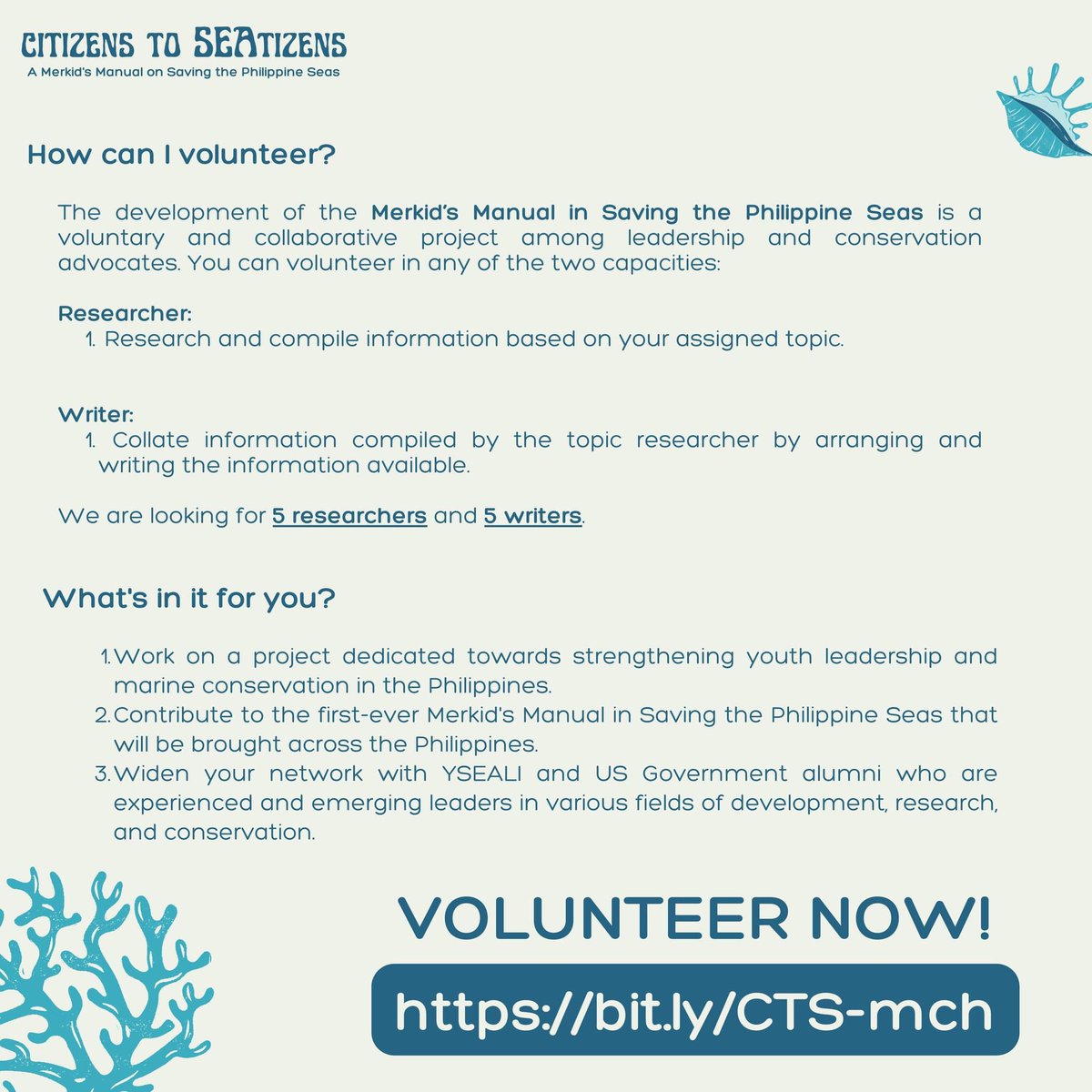 Calling all SEAtizens! YSEALI Central Visayas Hub is looking for 5 researchers and 5 writers 🐠💛 

Volunteer now and sign up at: bit.ly/CTS-mch
