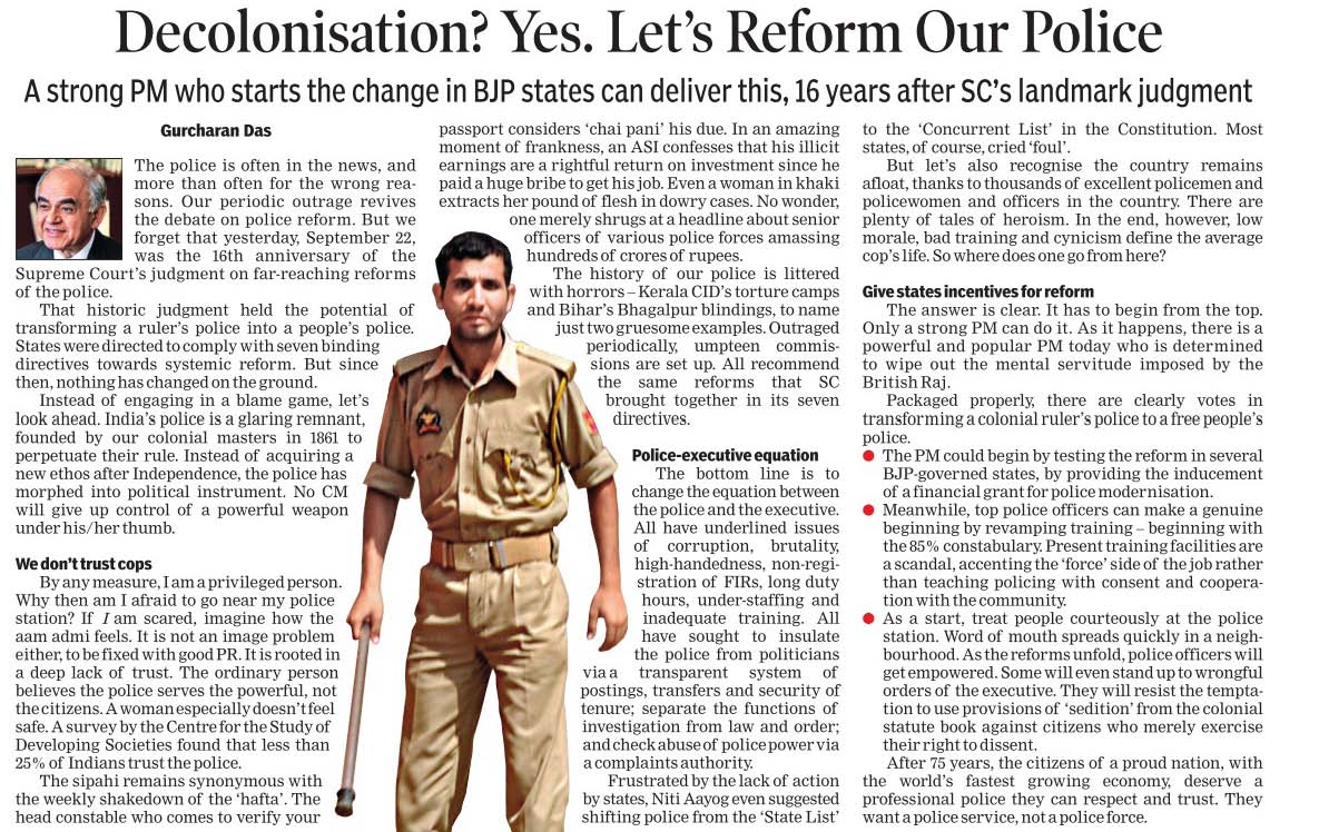 gurcharandas's tweet photo. Decolonisation? Yes. Let's Reform Our Police.
Astrong PM who starts the change in BJP states can deliver this, 16 years after SC's landmark judgment. https://t.co/qiiXrJQvn7