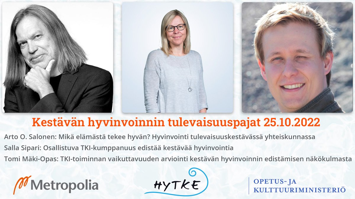Järjestämme 25.10.2022 osallistuvan TKI-kumppanuuden ja kestävän hyvinvoinnin tulevaisuustyöpajan Metropolian Myllypuron kampuksella. Aamupäivän puheenvuorot myös striimataan. Tutustu ohjelmaan ja ilmoittaudu mukaan: hytke.metropolia.fi/tulevaisuustyo… #TutkitaanYhdessä <a href="/metropolia/">Metropolia</a>