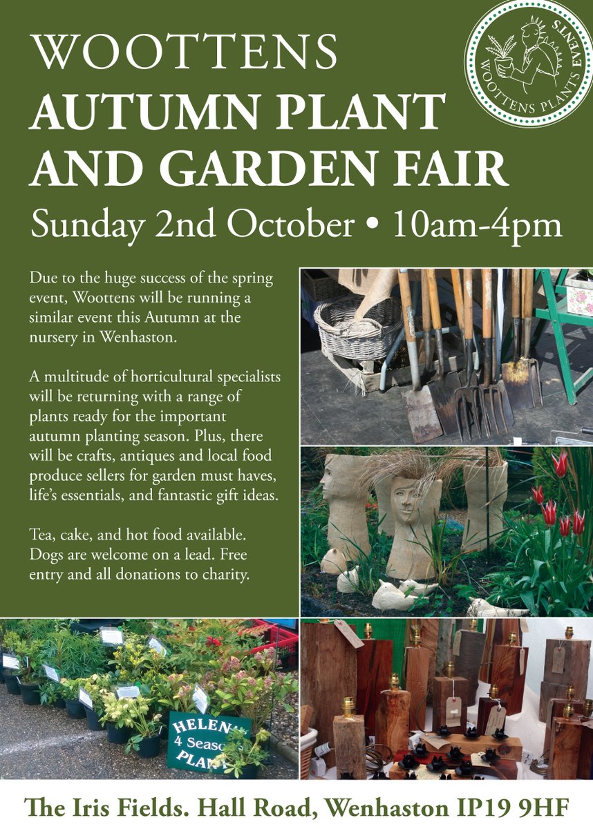 Get ready for the autumn planting season at Woottens next Sunday. Free entry.
Stalls with perfect plants, crafts, antique and local food produce sellers will be there for garden must haves, life’s essentials and fantastic gift ideas.