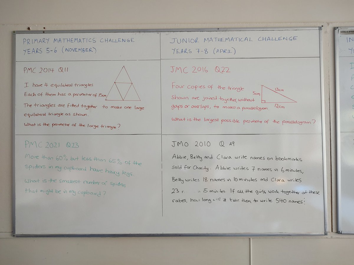 KristianStill's tweet photo. The maths challenge board in Mr Roberts classroom - what a great way to challenge the pupils. Feel free to answer and claim victory over one of four questions. #nonmathsteachers https://t.co/0yEElqeKR6