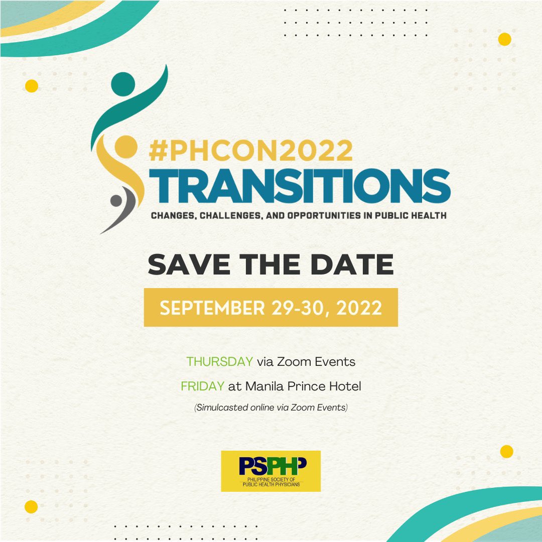 jbesa27's tweet photo. Register now for @psphpofficial‘s #PHCon2022!
“Transitions: Changes, Challenges, and Opportunities in Public Health” happening on
29-30 September 2022
Register now at https://t.co/sDCiZbAA4y! For inquiries, email at phconsecretariat@gmail.com
#PublicHealth
#PSPHP https://t.co/pEv3sciNem