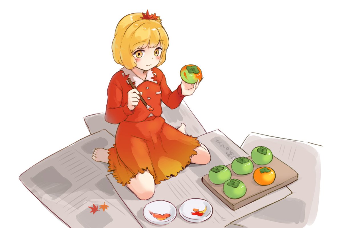 aki shizuha 1girl fruit food solo blonde hair leaf hair ornament barefoot  illustration images