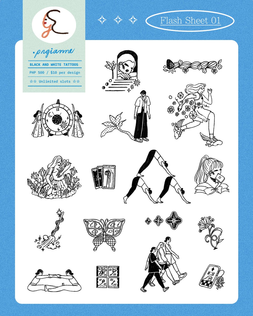 ☆★ FLASH TATTOO SHEET 01 ★☆
17 designs to pick from! Each design is ₱500 / $10, unlimited slots. Send me a msg to have one 💫 