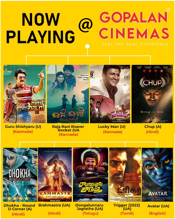 gopalan_cinemas's tweet photo. Now Playing,,,
Catch all the blockbusters and newly released movies at Gopalan Cinemas.

.
Book your tickets now at #BookMyShow.
.
.
.
#Gurushishyaru #rajarani #luckyman #chup #brahmastra #trigger #avatar #entertainment #bestmovie #theatherexperience #feelthereal #experience https://t.co/bwrKC2C3wk