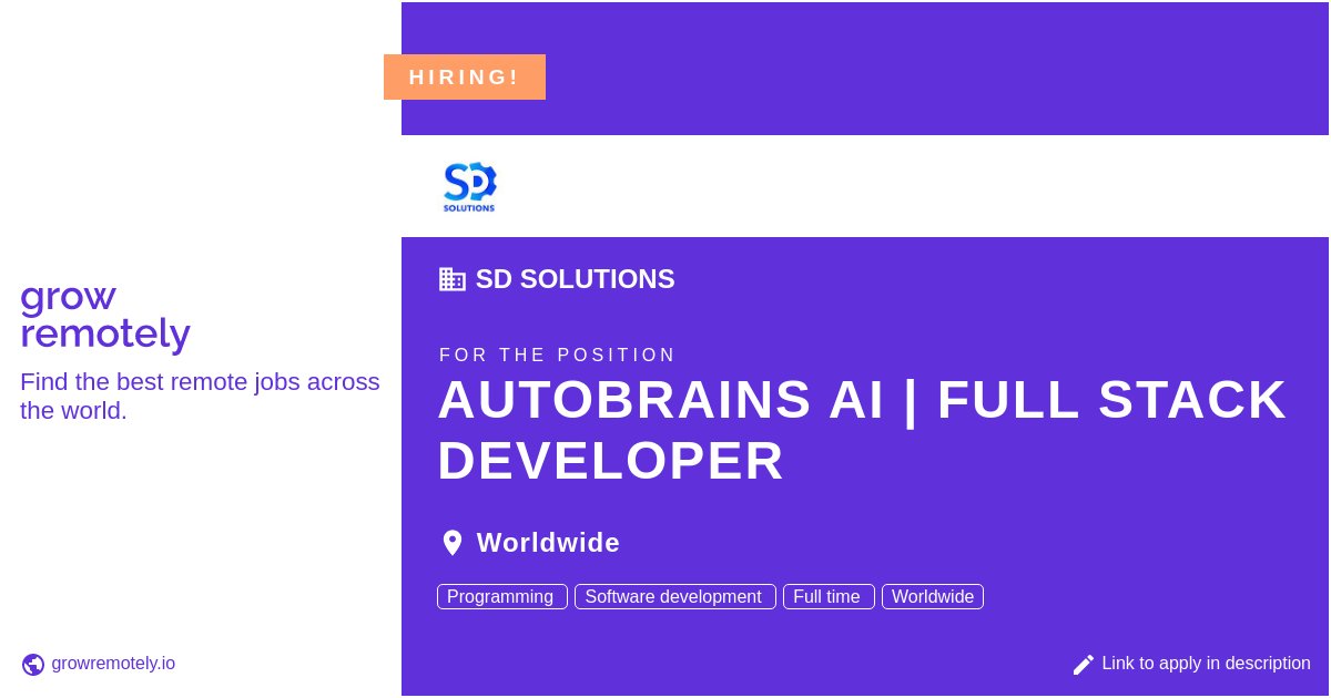 growremotelyio's tweet image. Check out this job at SD Solutions for the position Autobrains AI | Full Stack Developer.

 Apply link: growremotely.io/?id=632cf8ca48…

#hiring #remotejobs #SDSolutions #Programming