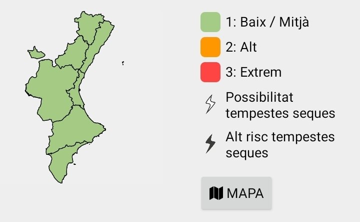 GVA112's tweet photo. 🟢El nivell de preemergència per risc d'incendis forestals és baix mitjà a tota la Comunitat Valenciana. 

⛈️Possibles ruixats a primeres hores en el litoral; a la vesprada, ruixats i tempestes dispersos al nord.

#StopAlFoc https://t.co/IdeGUgW1Ch