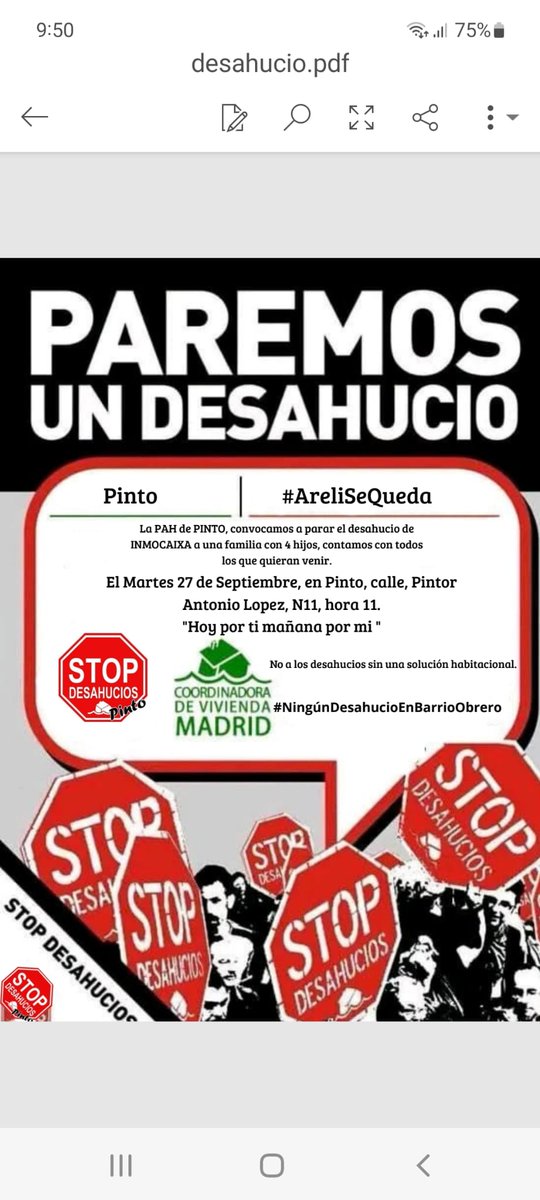 AlertaDesahucio's tweet photo. 📢 Desahucio en #Pinto!   
Martes #27S  #AreliSeQueda. #Inmocaixa @caixabank : no lo permitiremos! 
🕚 11h  c/ Pintor Antonio López 
ACUDE, diFunde!! https://t.co/6cg72ZzOrx