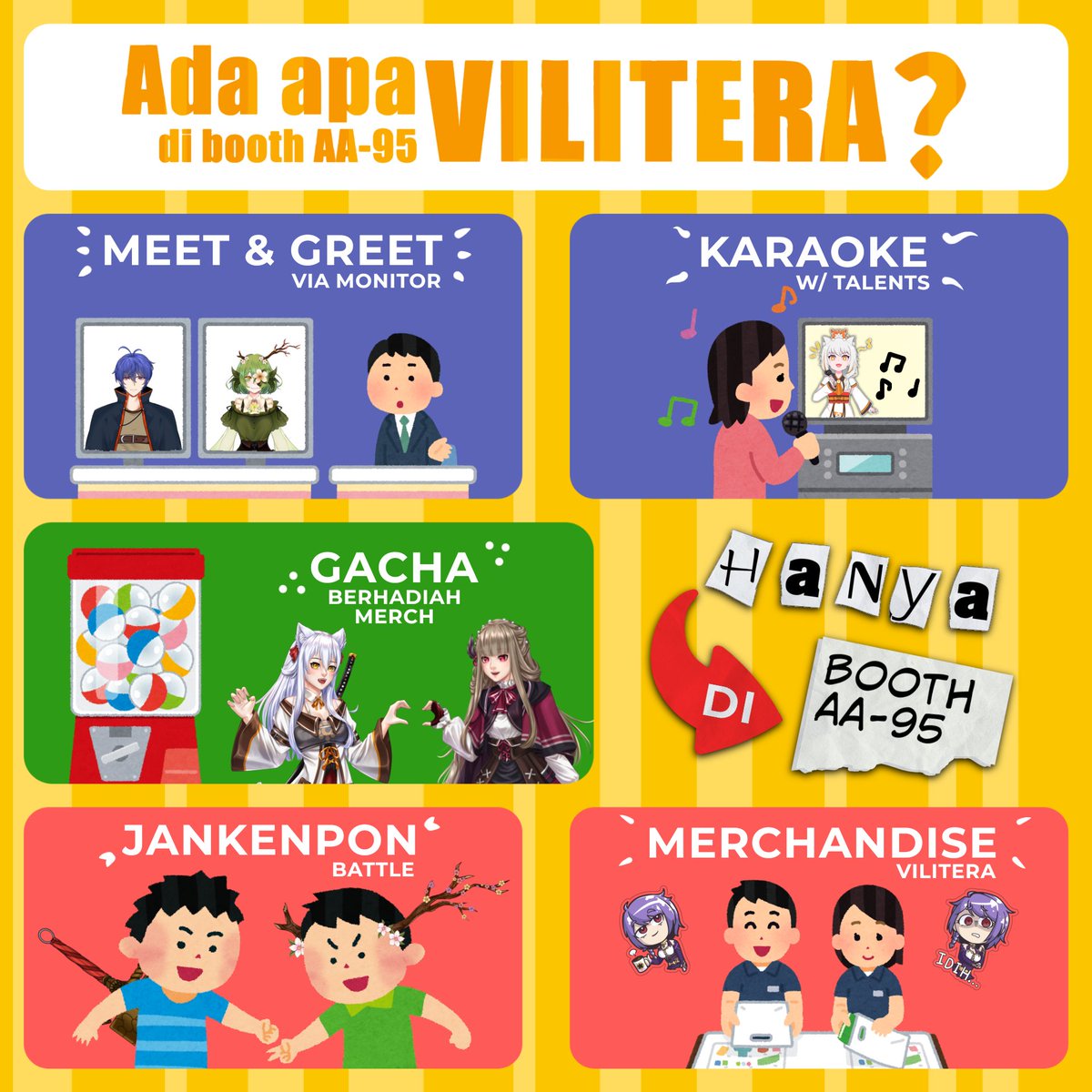 vilitera's tweet photo. Halo Viliteranian!
Kalian pasti penasaran bakal ada apa aja sih di booth AA-95 pada CF15 nanti. Ternyata akan ada banyak kegiatan yang seru dan menarik loh!
Cek foto dibawah ini ya!
Jangan sungkan untuk mampir ya!
#cf15 #comifuro #vilitera #vtuber https://t.co/UMGD2uWqfA