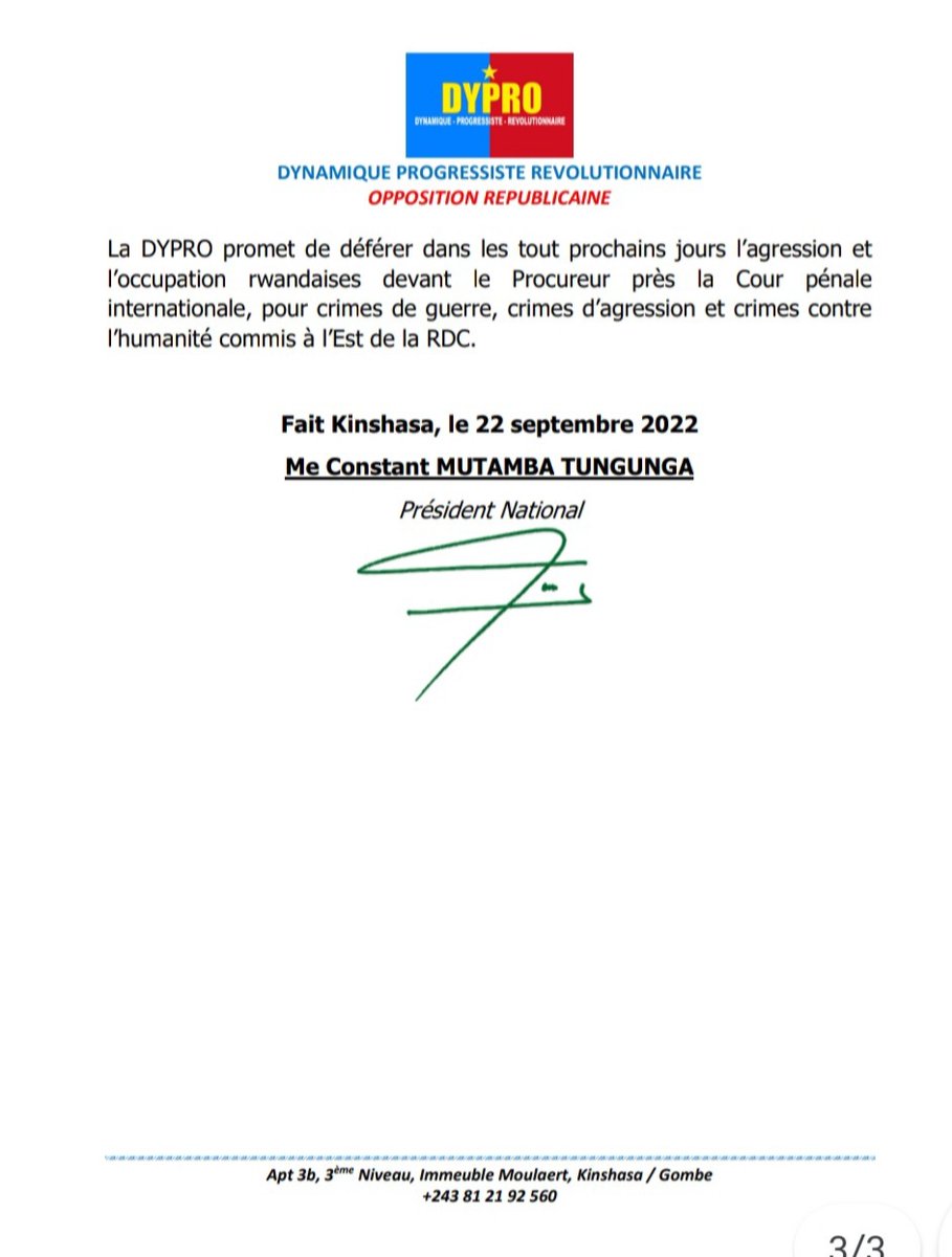 #RDC La DYPRO, opposition républicaine, va déférer les autorités rwandaises devant la CPI, pour crimes de guerre, crimes d'agression et crimes contre l'humanité commis à l'Est de la RDC.
