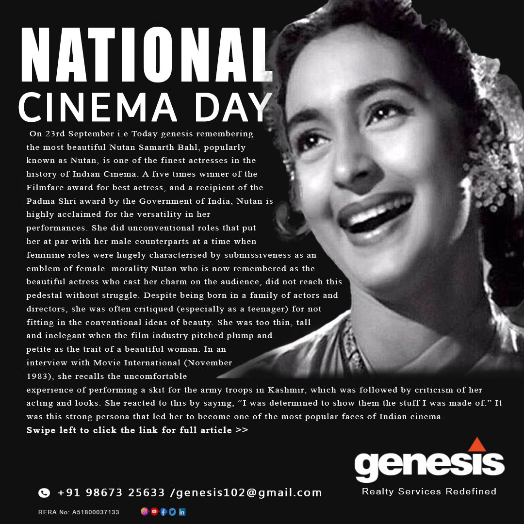 GenesisRealty1's tweet photo. On National Cinema Day, We are rememebering our most beautiful and talented actress Nutan. Here are the some acheivements and facts about her. To read the full article dropping the link below:
https://t.co/XxH0PoAeMo
.
#NationalCinemaDay2022 #Genesis #RetailIndustry #realty https://t.co/gItn7ckcm3