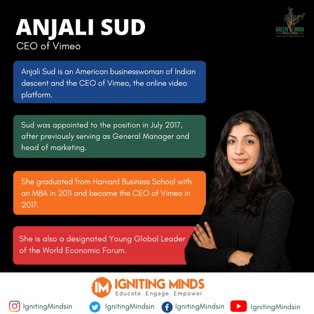 ignitingmindsog's tweet photo. Meet @anjsud who is the CEO of the famous online video platform @Vimeo
Check out the poster to learn more :)

#HaraHaiTohBharaHai
#GreenIndiaChallenge
#AnjaliSud #Vimeo #CEO #WomenEmpowerment #WomeninBusiness #IgnitingMinds #VasudhaikaKutumbakam #5YearsofGIC https://t.co/zbqZssR24S
