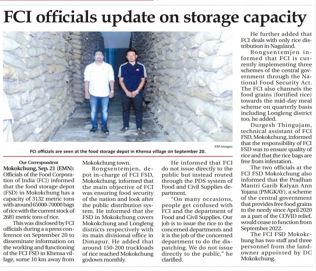 FCIDODimapur's tweet photo. Media visit and coverage of FCI, FSD Mokokchung under FCI DO Dimapur, Nagaland region, hilighting the functions of depots and storage of food grains. #morungexpress #nagalandpost #easternmirror #mokokchungtimes #fci https://t.co/EhJBKghjfI