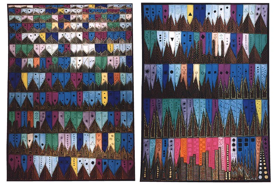 Cuadro “Unravelling bolero”. Son dos paneles que están divididos en casillas con diferentes patrones y colores dentro.