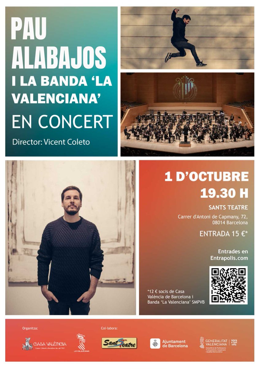 Pau Alabajos amb la Banda "La Valenciana" - SMPVB!

El cantautor de Torrent torna a la ciutat comtal per oferir una actuació especial acompanyat de la banda de <a href="/banda_smpvb/">Banda La Valenciana</a>

🗓️ Dissabte 1 d'octubre

🕖 19:30h.

📍 Teatre del Centre Catòlic de Sants.
🎟️ bit.ly/pau-alabajos-a…