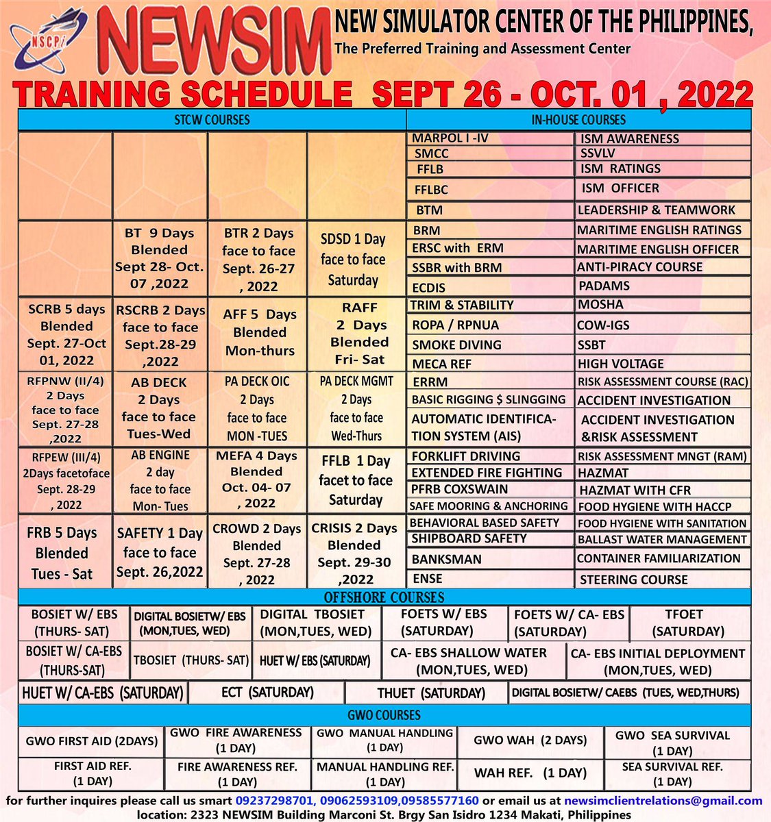 NEWSIMph's tweet photo. New Simulator Center of the Philippines
Training Schedule Sept  26 - Oct 01,2022
You may contact us at 09237298701/09084404323/09493535123
You may also email us at newsimclientrelations@gmail.com;
Visit our Facebook page NEWSIM-New Simulator Center of the Philippines Inc. https://t.co/Gj0aGA95WD