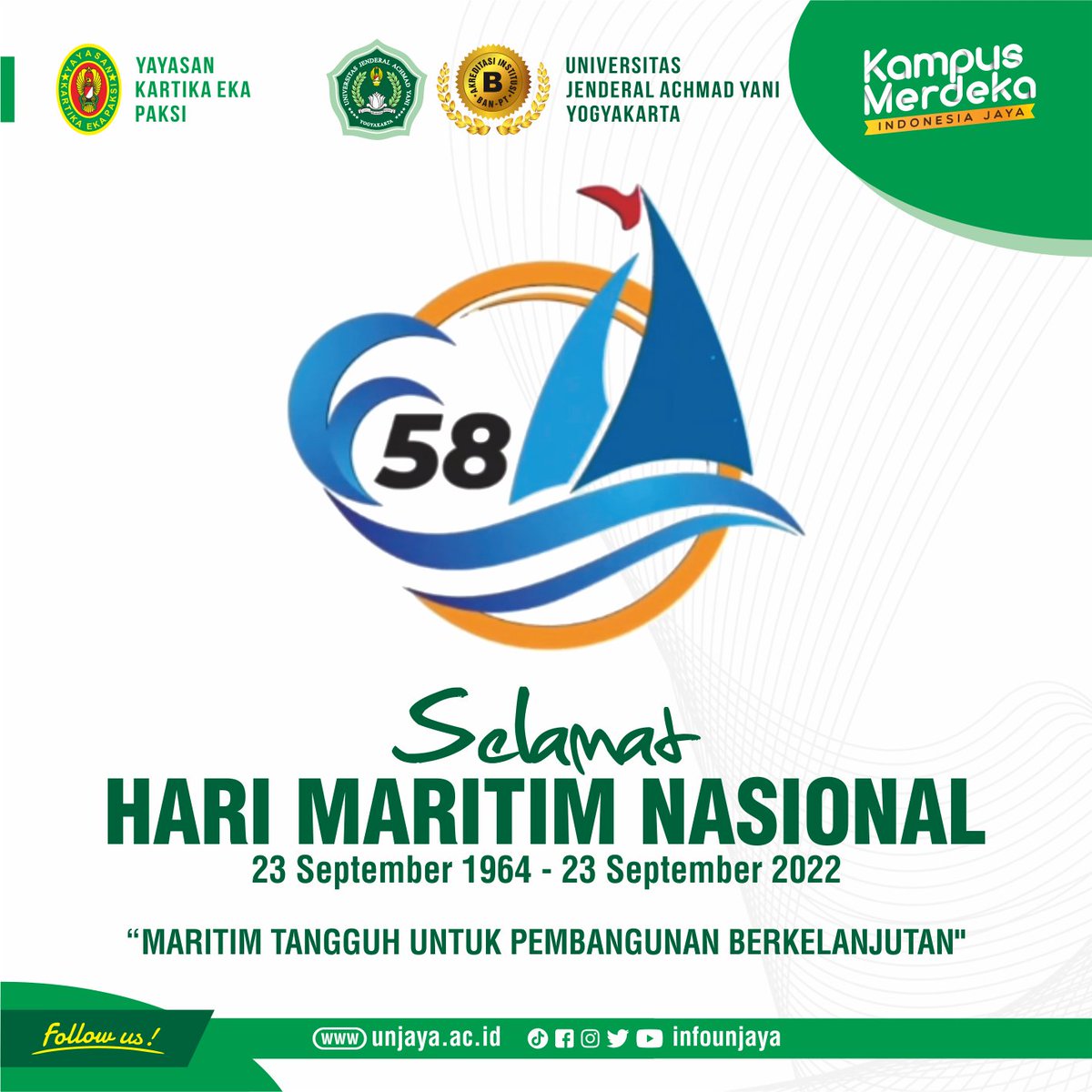 Selamat Hari Maritim Nasional
...
Sivitas Akademika Universitas Jenderal Achmad Yani Yogyakarta (UNJAYA) mengucapkan Selamat Hari Maritim Nasional ke 58

#unjaya #achmadyanimuda #kuliahdiunjaya #hmn2022 #maritimtangguh #indonesiakuat #maritim #kemaritiman #investasi