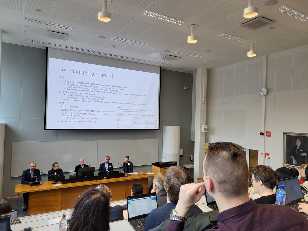Advantages, disadvantages, and use of the Nordic bibliometric indicator. A panel featuring representatives across Nordic countries. <a href="/BirgerLrsn/">Birger Larsen</a> <a href="/SusannaNykyri/">Susanna Nykyri</a> @camillalindelow <a href="/PolonenJanne/">Janne Pölönen @jannepolonen@mstdn.social</a> #nwb2022