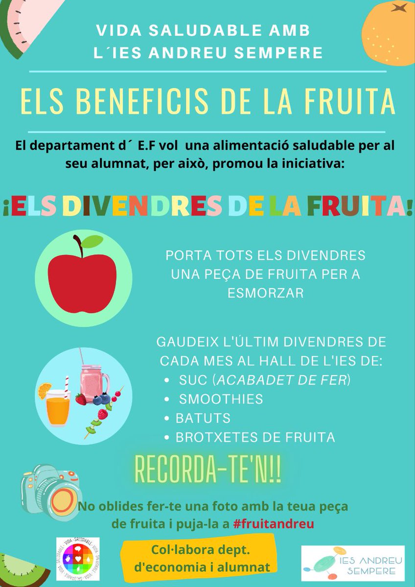 IES_Andreu's tweet photo. Arriba l'últim divendres del mes i posem en marxa una nova iniciativa relacionada amb hàbits de vida saludable.
Estem convençuts dels beneficis nutricionals que ofereix el consum d'aquests aliments.
#SegellVidaSaludable #PEAFS #2021AIFV
@AmpaAndreu @GVAeducacio @RedUnesco https://t.co/tTZ8OdYA2b