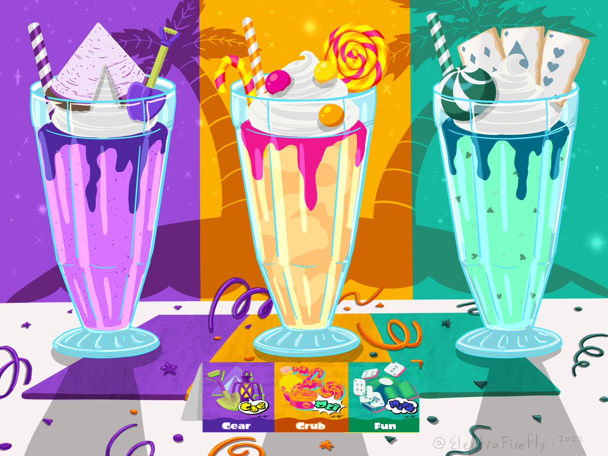 Splatfest Shakes

Gear, Grub and Fun
see comments for flavor descriptions.

#SplatCafe #Splatoon3 #Splatfest