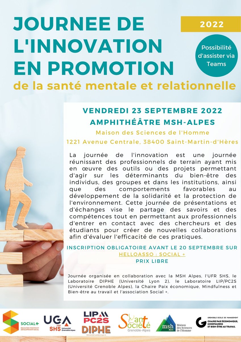 MSH_A's tweet photo. La Journée de l'innovation en promotion de la #santé #mentale et #relationnelle, c'est aujourd'hui - de 9h à 16h30 - à la MSH-Alpes et à distance. https://t.co/vWXHzGZJhA