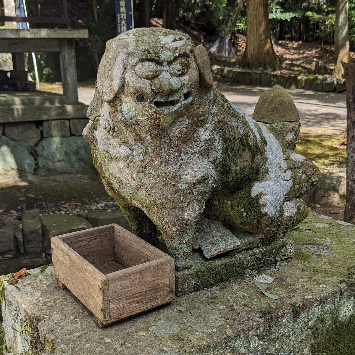 tsumujisha's tweet photo. 南あわじ市 諭鶴羽神社の古い方の獅子狛犬像。
ぷっくりかわいい。
背後の造形も独特でおもしろい。
（カブで上田池方面から上がったら未舗装路にへこたれた。品行方正なライダー諸氏は灘方面から上がるのが正解と思う） https://t.co/k9UUlj9PdU