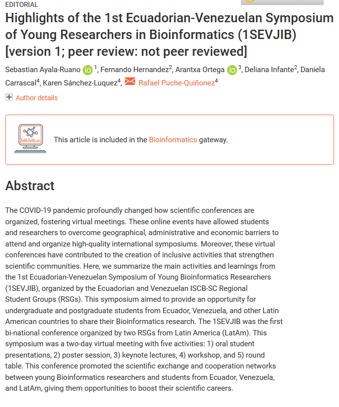 rsgecdr's tweet photo. Our article featuring the highlights of the 1st Ecuadorian-Venezuelan Symposium of Young Researchers in Bioinformatics #SEVJIB is out! It was an incredible experience, and hope to organize more events to foster #Bioinformatics in our counties and region.
🔗https://t.co/gyhS5E9KiF https://t.co/k6nmZLGuxn