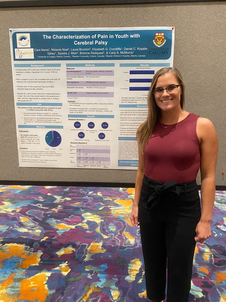 Proud of @Enhance_Lab_UC MSc student @CaraNania for her presentation at @aacpdm characterizing pain and determining how it’s associated with mental health issues in children and youth with cerebral palsy. Fantastic work!