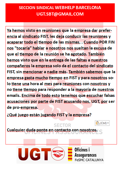 ugtsellbytelbcn's tweet photo. DISCRIMINACION SINDICAL
La empresa da preferencia a un sindicato y deja los demás al lado. #UgtWebhelp #ThinkHuman #WebhelpSpain https://t.co/GkkDZpdtbn