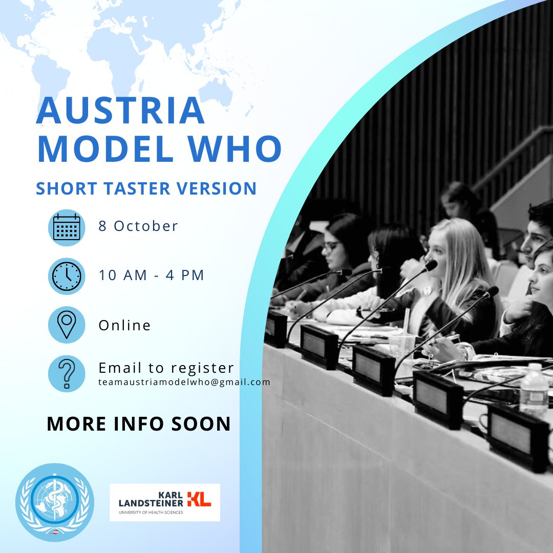 AModelwho's tweet photo. We are excited to announce - you can now get a taste of ModelWHO simulation before the big event in March 2023. We are conducting a short version of the simulation on 8th of October 2022.
#modelwhosimulation #globalhealth #healthpolicy #austria #vienna #krems @KLKrems https://t.co/MsoEBPOh1e