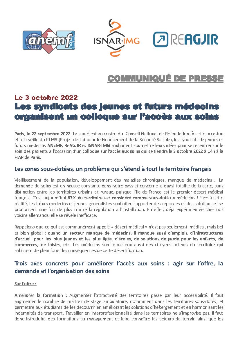 ANEMF's tweet image. #CdP : Les syndicats des jeunes et futurs médecins
organisent un colloque sur l’accès aux soins lundi 03 octobre. @ANEMF @ISNARIMG @ReAGJIR

Priorité et plus que jamais concernés, nous voyons 3 axes de résolution :
✅Agir sur l'#offre, la #demande et l'#organisation des soins.